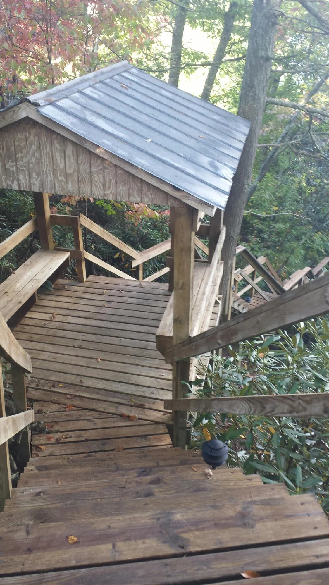 Metal roofed shelter over wooden steps on a wooded walkway — Skylight Repair & Installation work by our crew in New Philadelphia